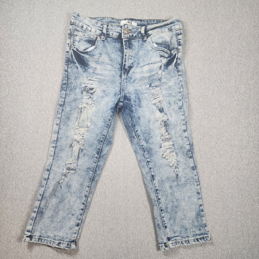 AQ American Quality Denim Distressed Jeans Womens 13 Blue Acid Wash Excellent